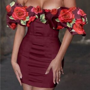 ⚡ Clearance! Off-Shoulder Burgundy Floral Ruffle Mini Dress